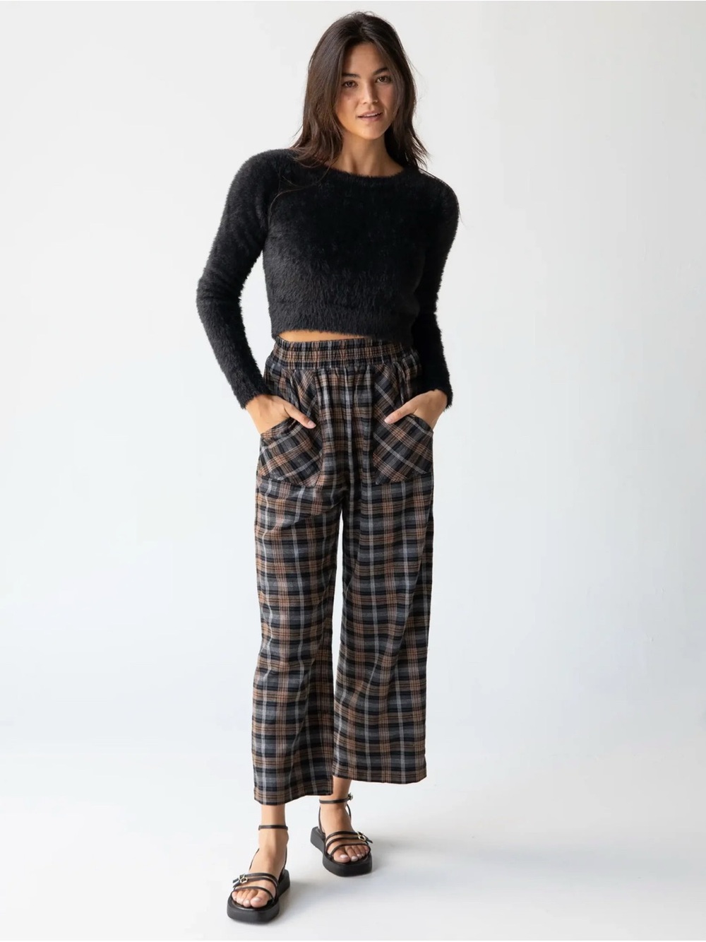 NWT Natural Life Plaid Flannel Wide Leg Pants Brown Black Boho Fall, Size Small